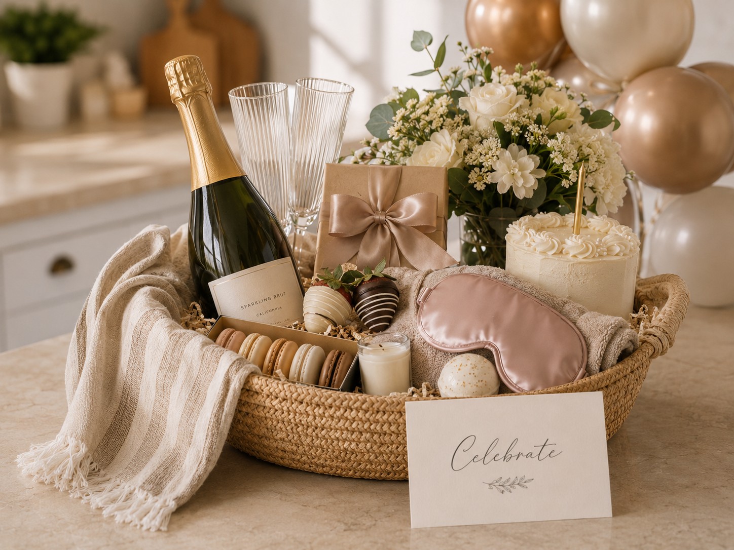 Special occasion champagne, flowers, and balloons